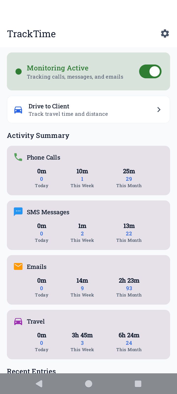 TrackTime mobile app — monitoring active, drive to client, activity summary