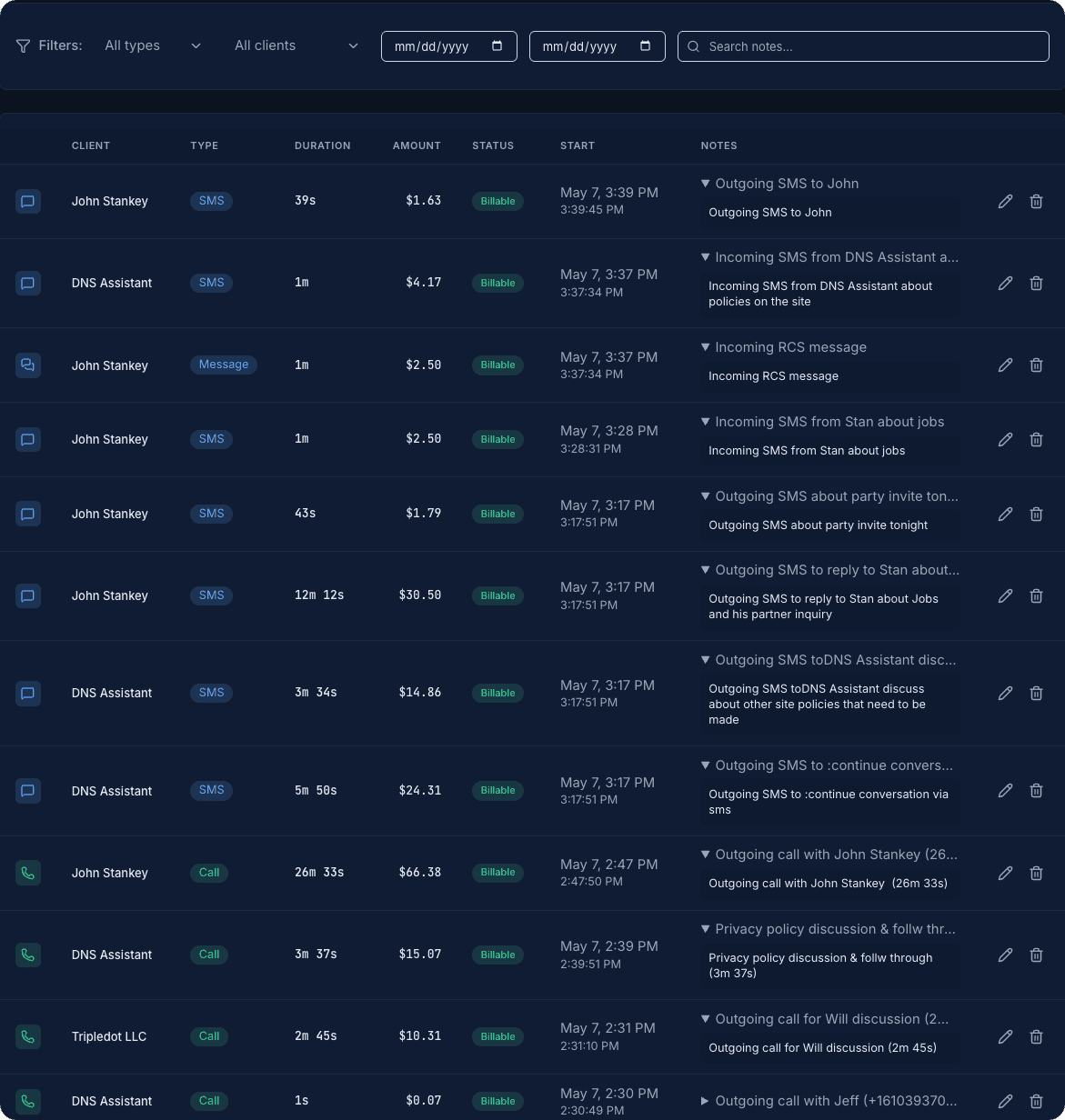 TrackTime web dashboard — time entries with type, duration, amount, status